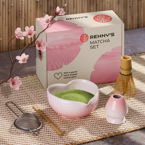 Rehny’s Matcha Whisk Set|Complete Pink Matcha Set w/Heart-Shaped Bowl, Bamboo Whisk, Holder, Stainless Steel Sifter, Bamboo Scoop|Cute Gift Present Macha Kit Handmade Bowl |Macha Powder Tea Kit