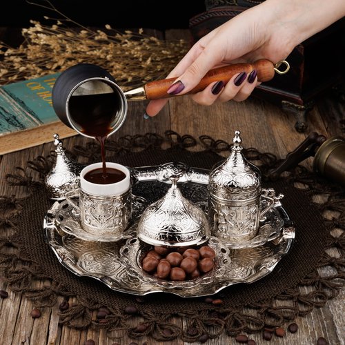 DEMMEX Turkish Greek Arabic Coffee Making and Serving Full Set with Cups Saucers Lids Sugar Bowl Tray and Copper Coffee Pot, Hand Decorated with Gold Crystals, 12 Pcs (Silver)