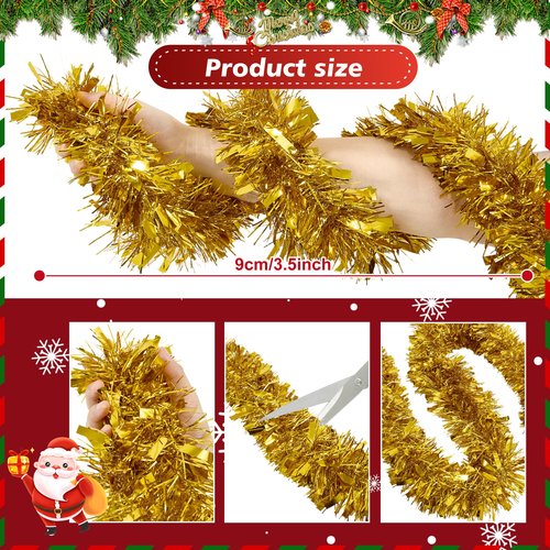 50FT Tinsel Christmas Garland Metallic Twist Garland Shiny Hanging Tinsel for Christmas Tree Party Supplies Indoor Outdoor Home Xmas Decoration (Gold)