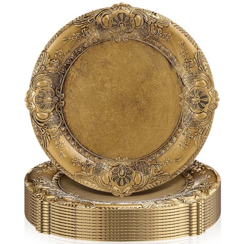 Mifoci Antique Gold Charger Plates Set of 12 Plastic Gold Chargers for Dinner Plates Decorative 13" Round Plate Bulk with Embossed Rim for Dinner, Party, Wedding