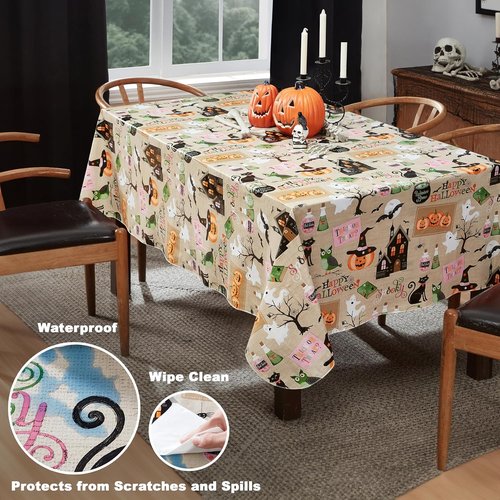 Newbridge Halloween Witches Brew Tablecloth - 52x52 Inch Vinyl with Flannel Backing, Cute Ghost & Cat Design