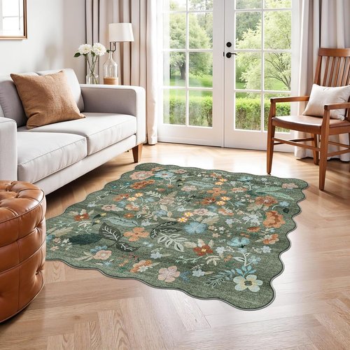 Floral Square Area Rug - Washable 5x5 Soft Carpet with Non-Slip Backing for Living Room & Bedroom