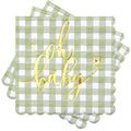RUSPEPA 50 Pcs Baby Shower Grid Napkin Paper, 3 Ply Disposable Green with Gold Foil "Oh Baby" Text Deisgn Luncheon Cocktail Dinner Paper Napkins for New Born Party, 5 x 5 Inch, Green