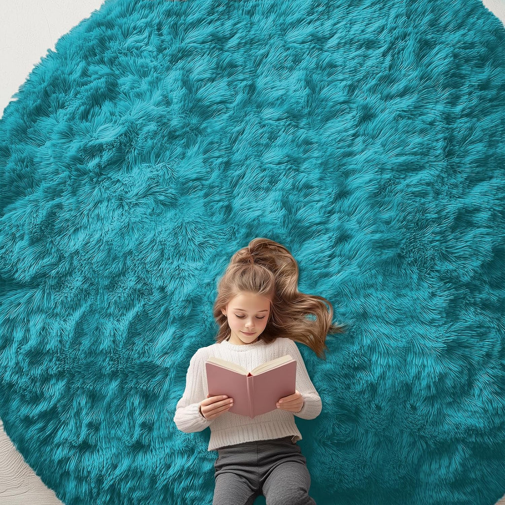OLANLY Teal Round Area Rug - Soft, Fluffy, Machine Washable 9 ft Circle Carpet for Bedroom & Living Room