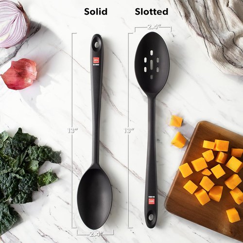 DI ORO Silicone Cooking Spoons - Heat-Resistant Kitchen Utensils for Mixing & Serving - 600°F, 2pc Black