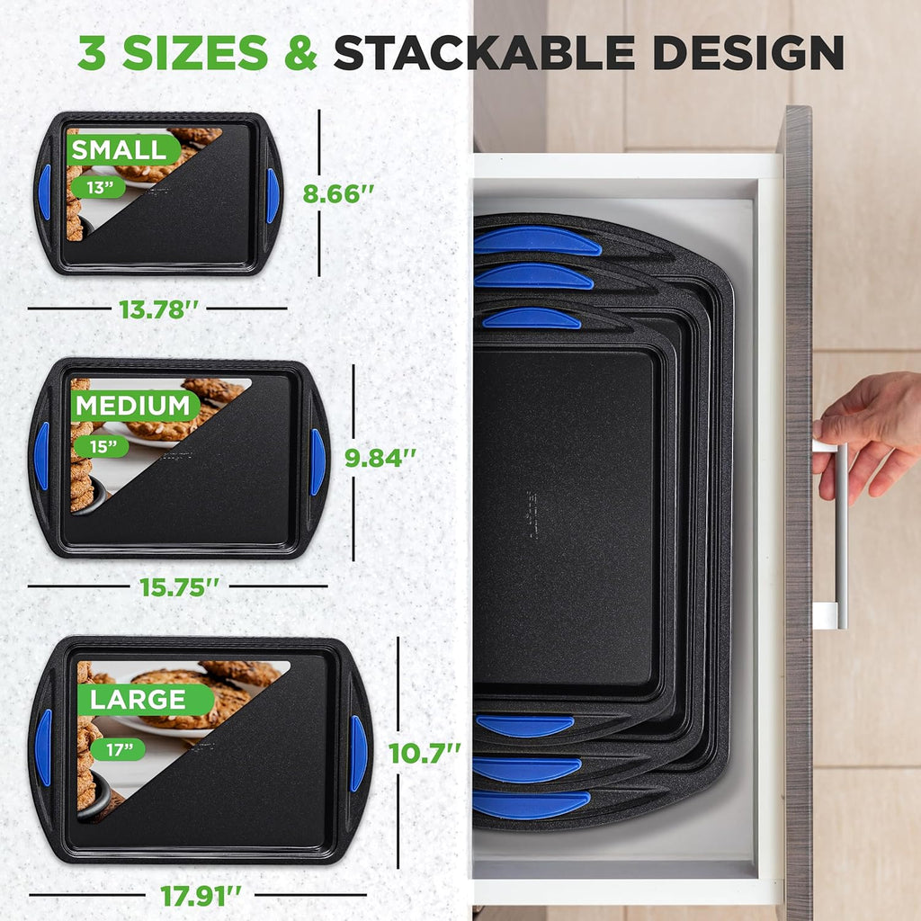 NutriChef Nonstick Cookie Sheets - 3-Piece Carbon Steel Bakeware Set with Silicone Handles | Durable & Oven Safe