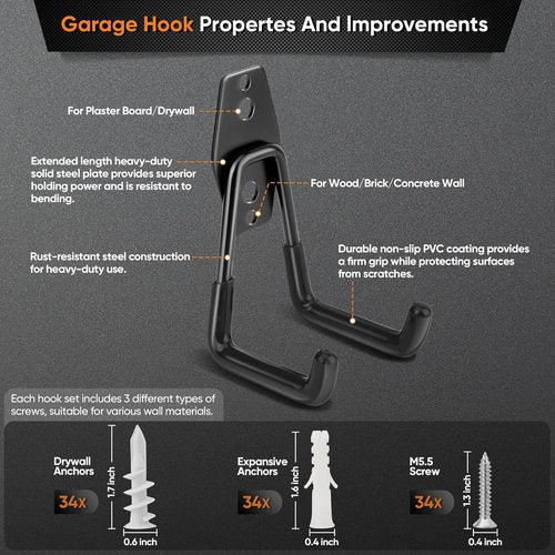 Nacial Heavy-Duty Garage Hooks - 18 Pack Utility Steel Wall Mount for Bikes, Ladders & Tools