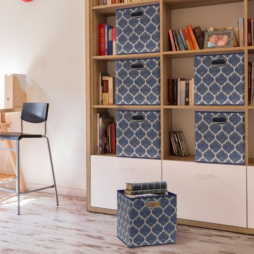 SIMPLE HOUSEWARE 11-Inch Collapsible Fabric Cube Storage Bin with Handles, Printed Design, 6 Pack, Steel Blue