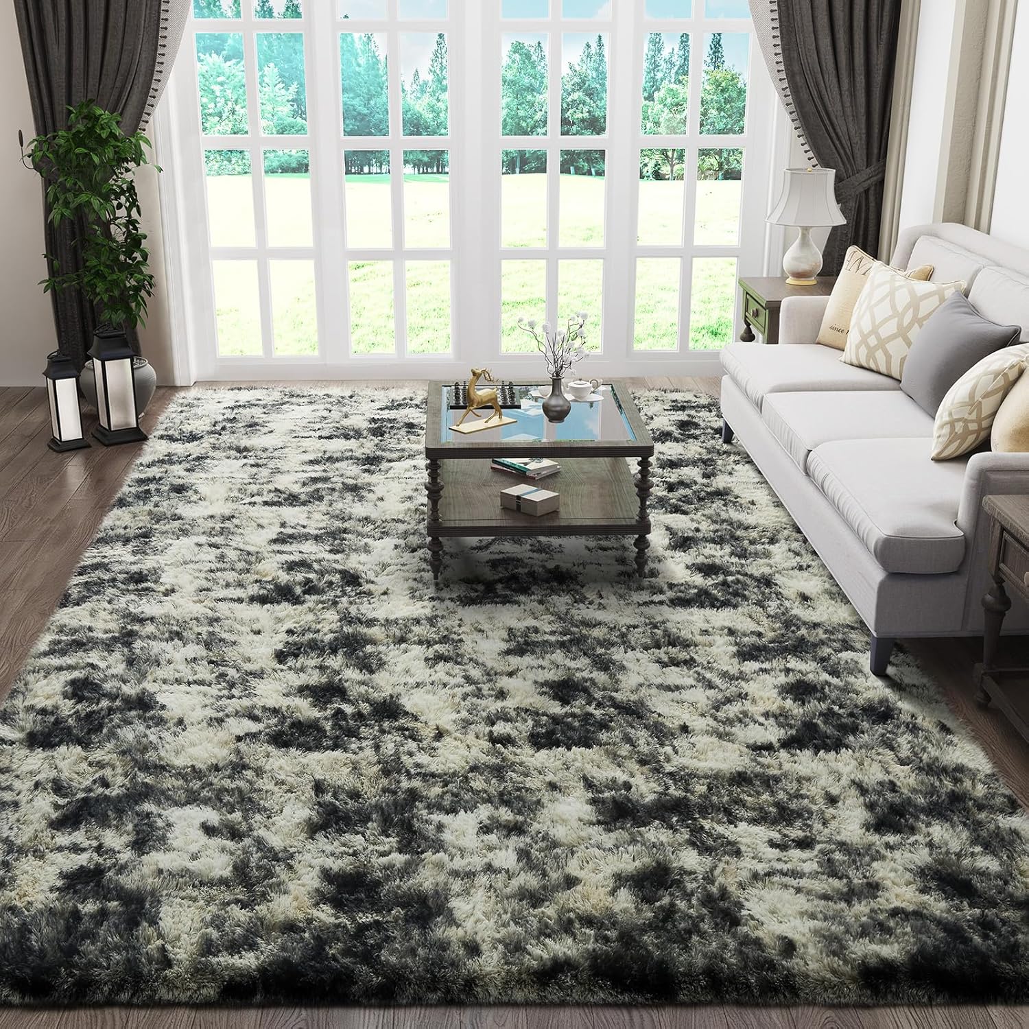 Ophanie Area Rugs - Fluffy Black, Gold & Grey Shag Carpet for Living Room | 6x9 Soft Plush Design