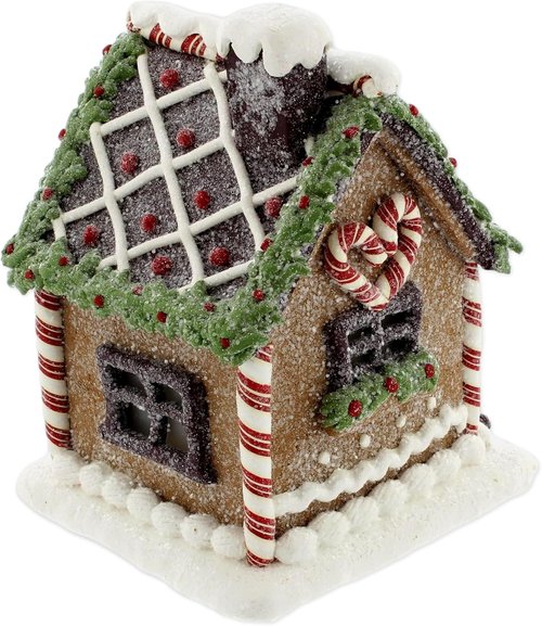 Bridge Collection Lighted Gingerbread House Figurine - Festive Christmas Tabletop Accent with Peppermint Roof & Candy Details