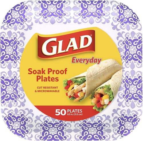 Glad Disposable Paper Plates - Soak Proof & Cut Proof Heavy Duty | 8.5" Diameter, 50 Count Bulk