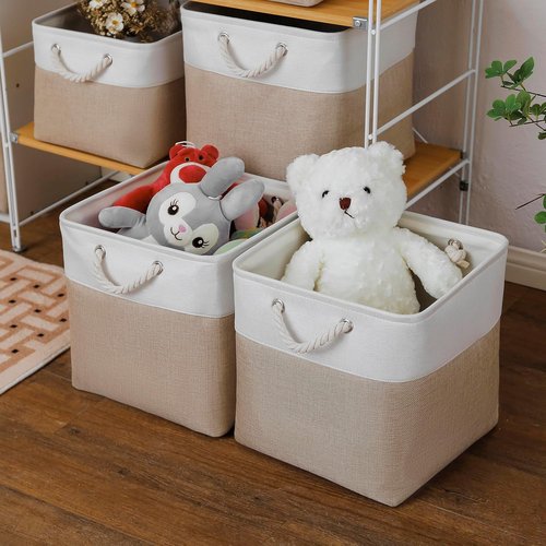 MidmmVick Cube Storage Bins - 13 x 13 Inch Collapsible Fabric Bins, 4 Pack for Home & Office (White & Beige)