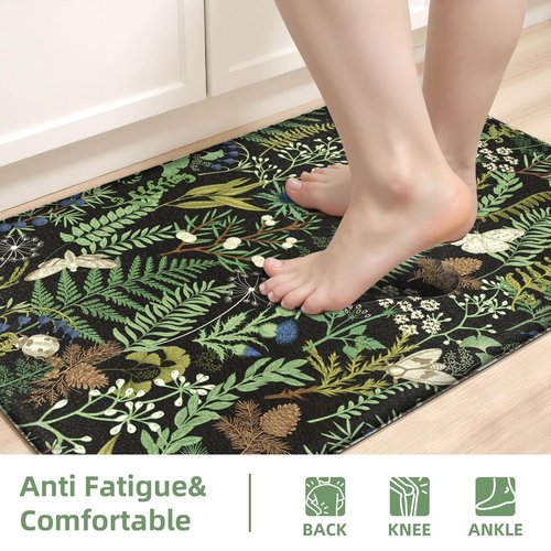 Black Green Botanical Kitchen Rugs Set of 2 Plant Leaf Anti-Fatigue Kitchen Mat Natural Comfort Standing Waterproof PVC Mats 2/5" Thick Leather Carpet for Laundry Office Sink(17.3" x28" + 17.3" x 59")