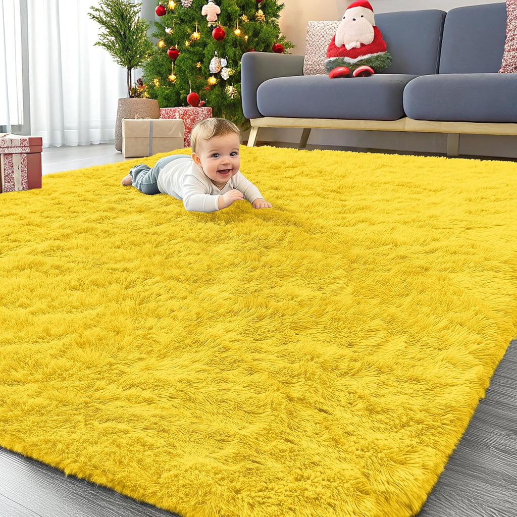 OLANLY 6x9 Machine Washable Area Rug - Soft Fluffy Shaggy Carpet for Living Room & Bedroom | Yellow