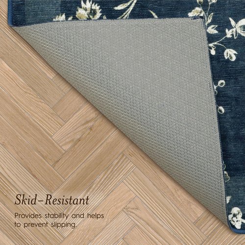 Laura Ashley Dark Navy Aria Floral Border Machine Washable & Slip Resistant 26" x 72" Runner Rug