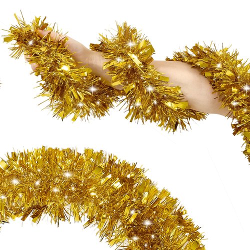 50FT Tinsel Christmas Garland Metallic Twist Garland Shiny Hanging Tinsel for Christmas Tree Party Supplies Indoor Outdoor Home Xmas Decoration (Gold)