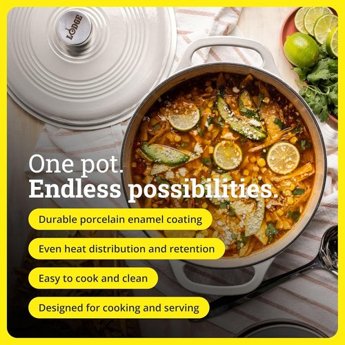 Lodge Enamel Cast Iron Dutch Oven - Ideal for Baking, Braising & Slow Cooking - 6 Quart - Oyster White