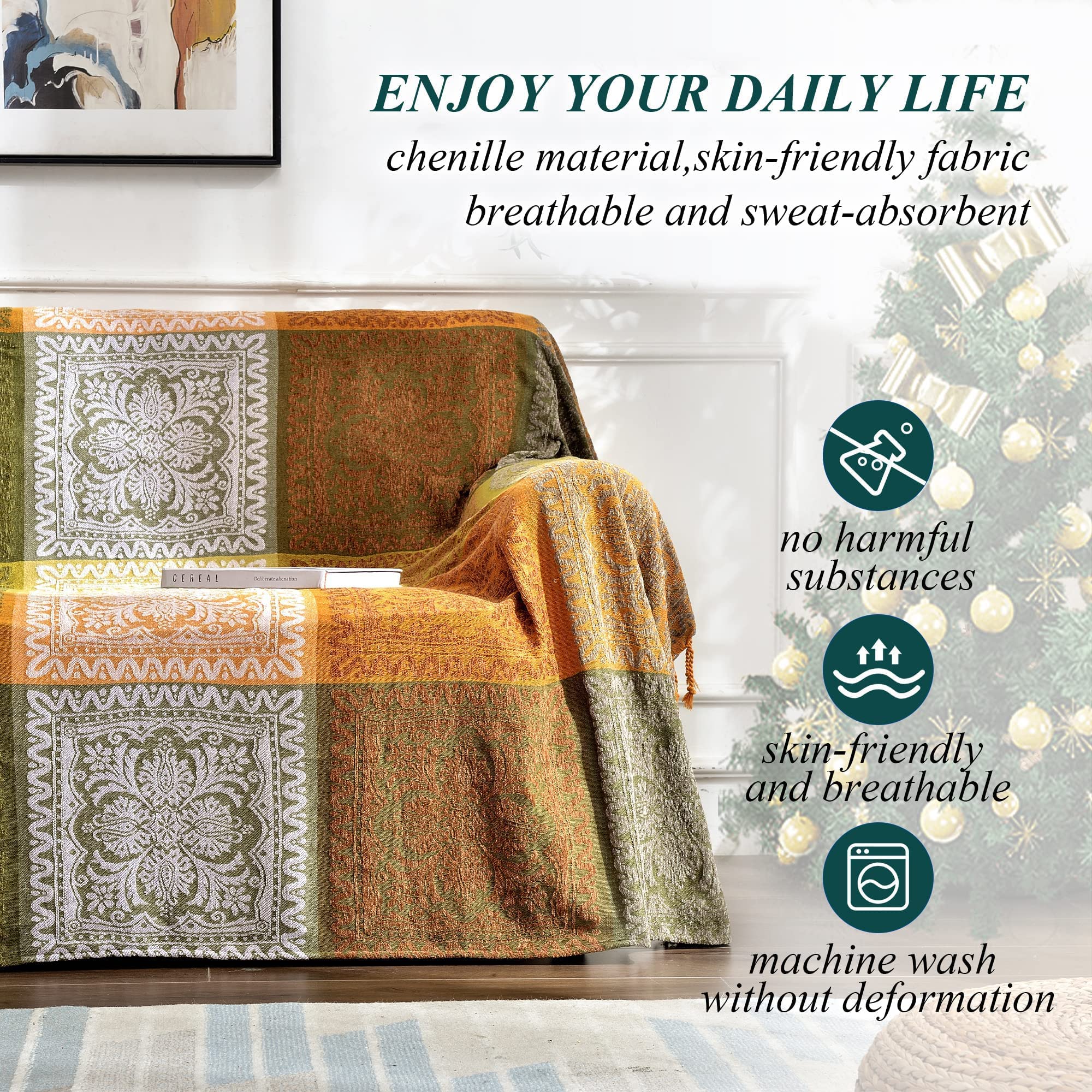 Bofree Boho Couch Cover - Hippie Chenille Jacquard Bohemian Chair Couch Sofa and Bed Furniture Cover with Colorful Tribal Pattern (Green, 87" x 102")