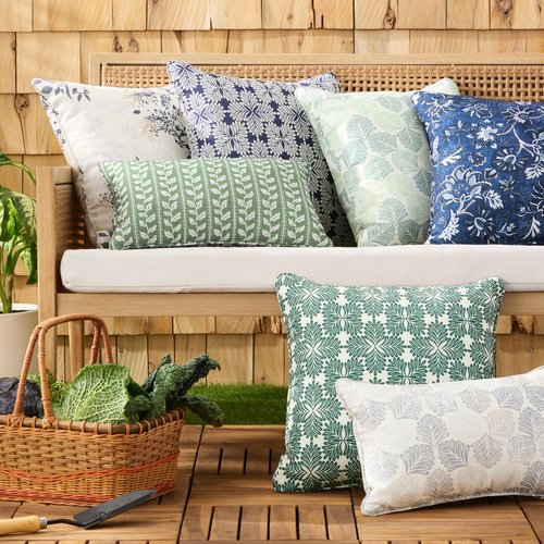 Martha Stewart Vineyard Vines Indoor Outdoor Decorative Lumbar Pillow 2-Pack Set, UV Fade Resistant, Water Repellent, Printed Garden Design, Warm Grey, 11"x18"