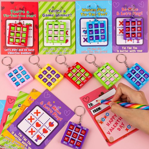 NAWITDA 24 Pack Valentines Day Gifts for Kids Classroom Valentines Day Cards for Kids with Tic-Tac-Toe Game Keychains, Valentines Class Exchange Gifts School Party Favors for Boys Girls