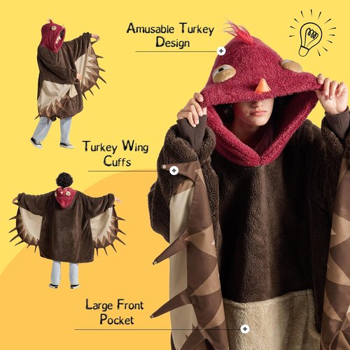 Bedsure Hoodie Blanket - Cozy Wearable Sherpa Blanket with Sleeves & Pockets | One Size Turkey Costume