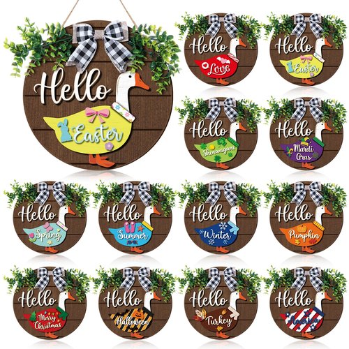 Weysat 13 Pcs Interchangeable Wooden Goose Decor, 11.8 Inch Holiday Seasonal Welcome Changeable Hello Geese Signs Rustic Farmhouse Front Door Round Wreaths Hanging Decorations for Porch Home Outdoor