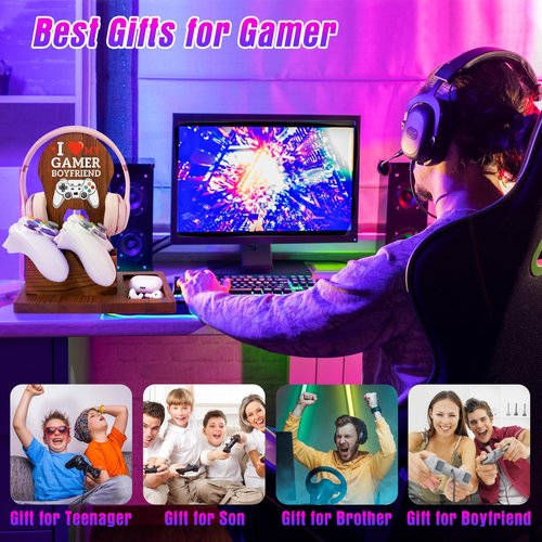 JSENGIFT Gamer Gifts for Men Teen Boy, Gamer Accessories Stuff, Gaming Gifts for Son Boyfriend Husband Wooden Headphone Stand
