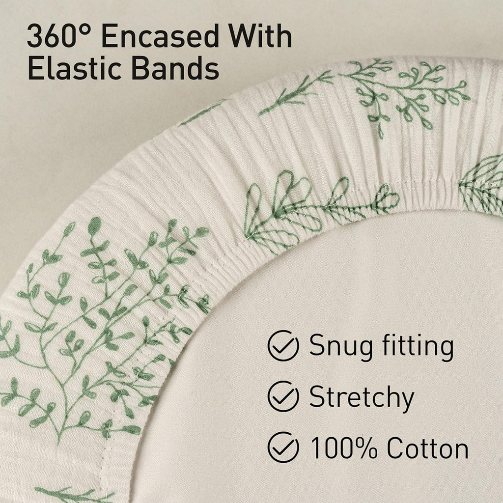 Skiennix Muslin Bassinet Fitted Sheets - Soft Cotton Baby Mattress Sheet Set, 360° Snug Fit, Universal Design (Bright Leaves)