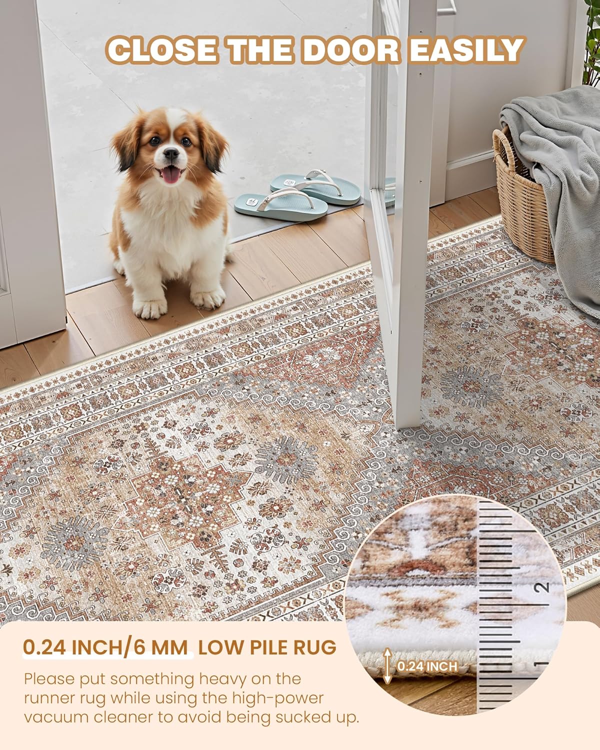 Skiennix Runner Rug - Vintage Non-Slip Washable Hallway Runner | Soft Low Pile 2'x8' Orange