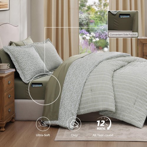 BLOOMHAVEN Queen Comforter Set - 7 Pieces Green Bedding Sets for All Seasons, Lightweight Soft Bed in a Bag Queen with Revesible Farmhouse Comforter, Sheets, Pillowcases & Shams