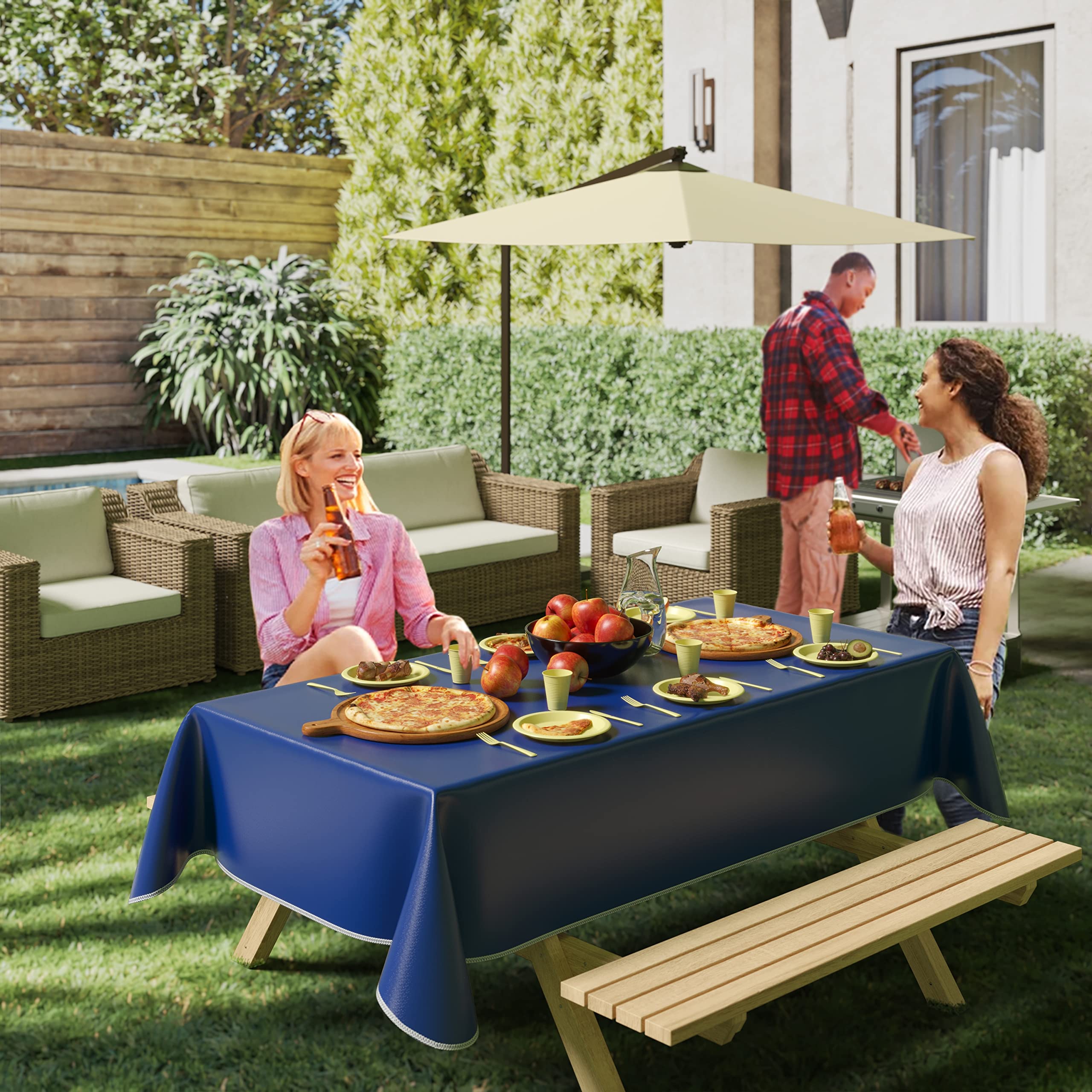 Exquisite Blue Vinyl Tablecloths - 54 in. X 70 in. - Pack of 3 Rectangle Tablecloths with Flannel Backing - Plastic, Reusable & Waterproof