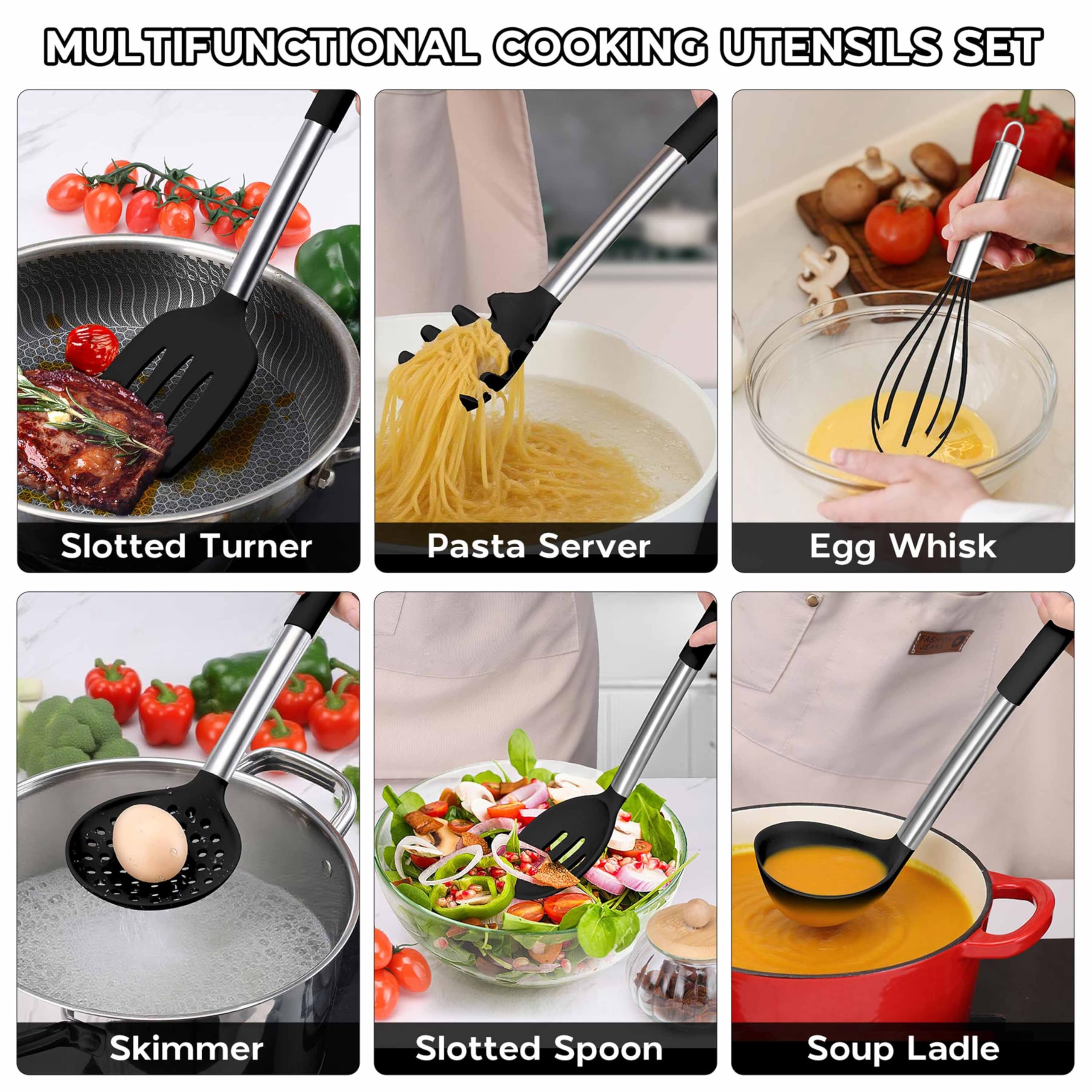 Onader Kitchen Utensils Set, 15 Pcs Silicone Cooking Utensils Set with Holder and Heat Resistant Stainless Steel Handle for Nonstick Cookware - Black