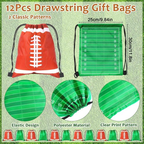 Justforjoyful 110 Pcs Football Party Favors for 12 Sets Football Party Supplies Drawstring Bag Backpack with Keychains Mini Football Stress Balls Slaps Bracelets Goodie Bag Stickers Presents Gift Set
