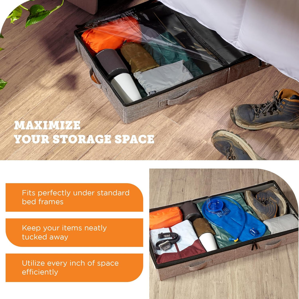 storageLAB Under Bed Storage Containers - Low Profile Organizers with Sturdy Handles & Clear Windows | 2 Pack, Gray