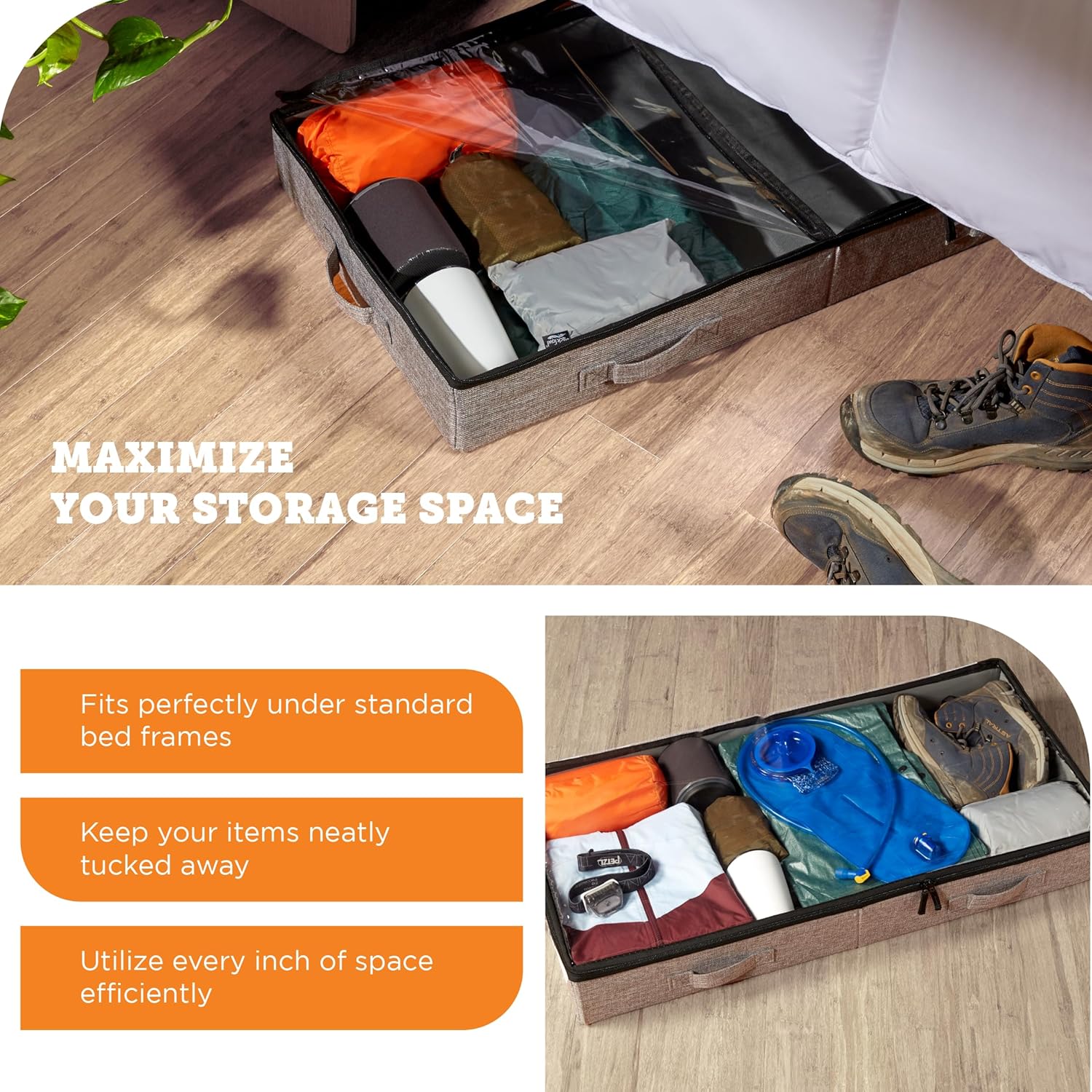 storageLAB Under Bed Storage Containers - Low Profile Organizers with Sturdy Handles & Clear Windows | 2 Pack, Gray