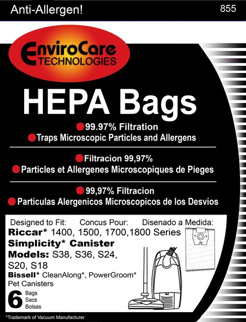 EnviroCare Replacement HEPA Filtration Vacuum Cleaner Dust Bags made to fit Riccar 1400, 1500, 1700, 1800 Series and Simplicity S38, S36, S24, S20 and S18 Canisters 6 pack