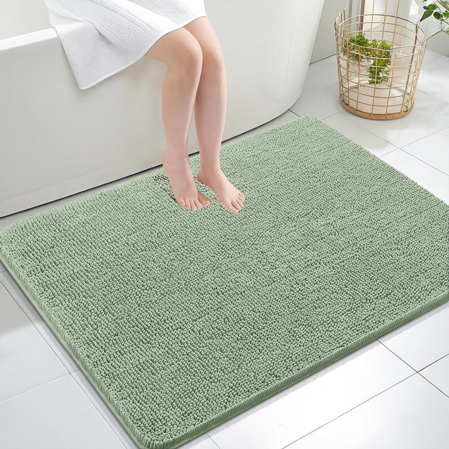 OLANLY Large Bathroom Rugs - Extra Soft Chenille Bath Mats | Quick-Dry, Machine Washable, Sage Green 40x32