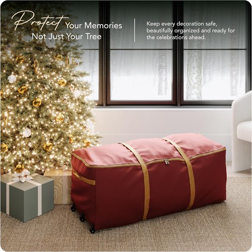 Covermates Keepsakes Christmas Tree Storage Bag - Heavy-Duty Rolling Design with Wheels & Reinforced Handles - Durable Red Polyester