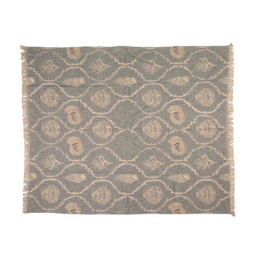 Creative Co-Op Cotton Slub Throw with Coral and Shells Ogee Pattern, Blue and Natural