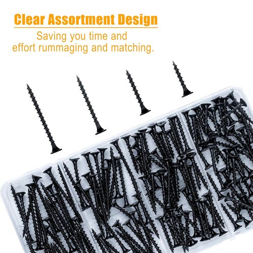KURUI Drywall Screws Assortment Kit - #6 Black Wood Screws for Sheetrock | 165pcs Picture Hanging Set
