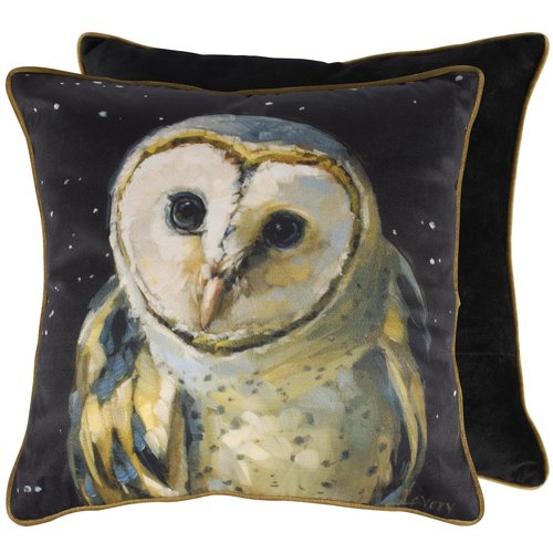Primitives by Kathy Decorative Throw Pillow with Removable Cover, displaying a Moody barn owl and Night Sky Design with Coordinating Black Velvet on The Back and Gold Piping Trim