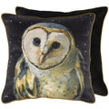 Primitives by Kathy Decorative Throw Pillow with Removable Cover, displaying a Moody barn owl and Night Sky Design with Coordinating Black Velvet on The Back and Gold Piping Trim