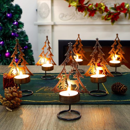 Juegoal Tea Light Candle Holders Set - Rustic Metal Tree & Reindeer Design | Holiday Table Centerpiece