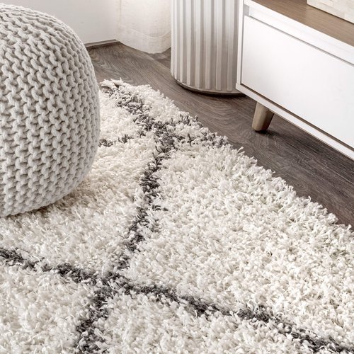 JONATHAN Y Mercer Shag Plush Tassel Ivory/Gray Indoor Area Rug, 4x6, Moroccan Geometric Trellis, Easy-Cleaning for Living Room, Bedroom, Kitchen, Pet Friendly, Non-Shedding (MCR101B-4)