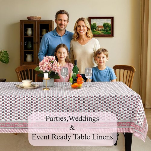 CPC Tablecloth - 100% Cotton Square Table Cover | 60x60 Inch Indian Block Print - Pink Sapphire