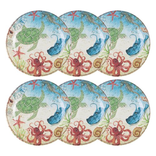 UP UPware Sea Life Turtle Melamine Dinner Plate Set, Round Plates for Main course, Pasta, and Salad, BPA-Free, Dishwasher Safe, Multicolor, 11 Inch, Set of 6