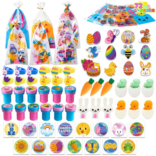 JOYIN 72 Pcs Easter Party Favors Set, 12 Packs Assorted Goody Bags with Rings/Sticker, Foam Stickers, Stampers for Kids Gift, Easter Egg Hunt, Basket Stuffers