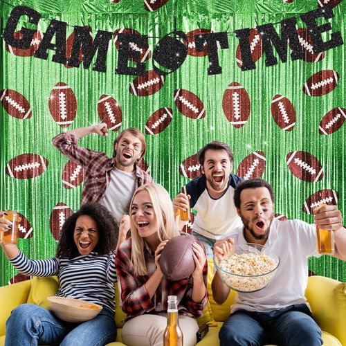 Football Party Decorations Backdrop 3.3x6.6 Ft Football Foil Fringe Curtain Sports Birthday Party Decorations Supplies with Game Time Banner