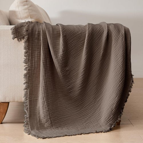 WDCOZY 100% Cotton Muslin Blanket Queen Size 4-Layer for Bed Breathable Lightweight Soft Large Boho Farmhouse Linen Tassels Ruffle Gauze Blankets 90x90 Inches Brown Mocha Chocolate Coffee Taupe