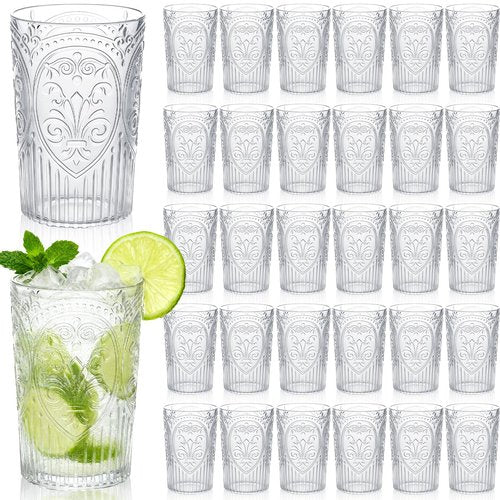 Acellegic Plastic Vintage Drinking Glasses - 16 oz Stemless Ribbed Highball Glasses Bulk Embossed Reusable Cups for Water Beer Cocktails Juice Wedding Bridal Shower Birthday Event Party(Clear,48 Pcs)